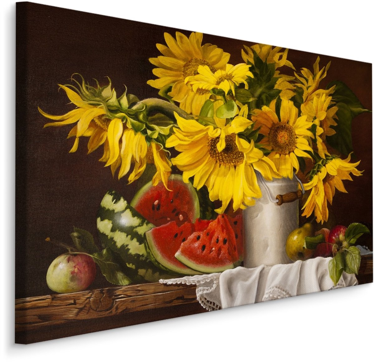 karo-art Schilderij - Stilleven Zonnebloemen en Fruit, Premium Print Multikleur