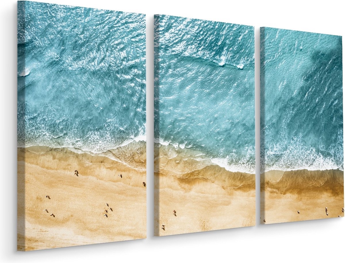 karo-art Schilderij - Luchtfoto van de oceaan en het strand, 3 luik, premium print Multikleur