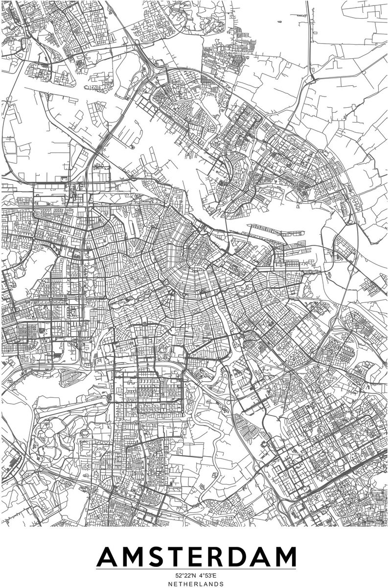 karo-art Poster - Amsterdam, City Map, 57.22N 4,54E, Plattegrond Multikleur