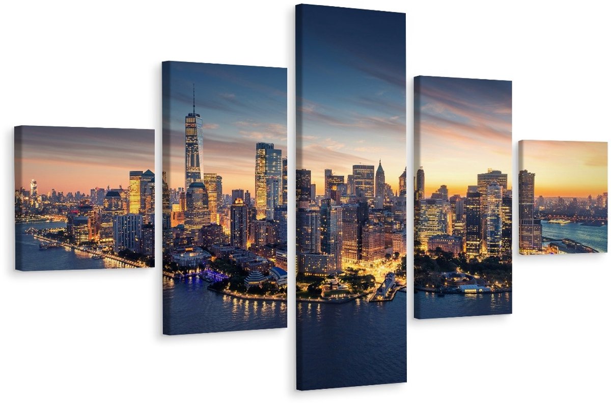 karo-art Schilderij - Panorama New York City, NYC, 5 luik, Premium print Multikleur