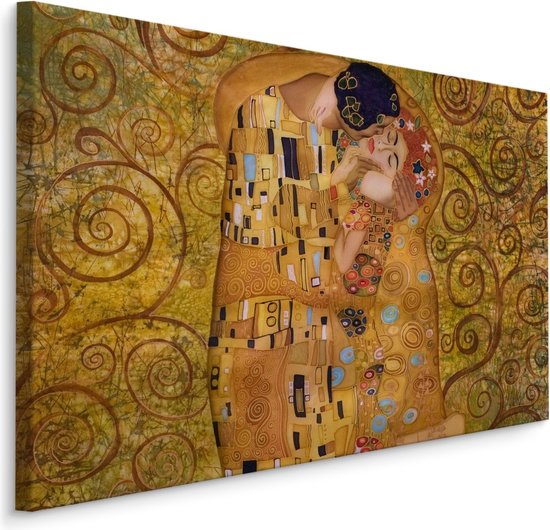 Gustav Klimt's 'De Kus' met man en vrouw in gouden, geometrische gewaden, tegen een gele, spiraalvormige achtergrond.