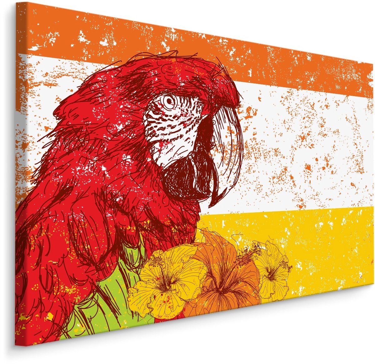 karo-art Schilderij - Ara Papegaai met Bloemen, Premium Print Multikleur