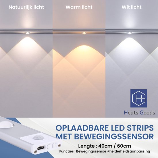 Heuts Goods - LUXE Nachtlampje met bewegingssensor - Wandlamp - Wandlamp Binnen - USB Oplaadbaar - Magnetische Montage - Dimbaar - LED Licht - Inclusief Oplaadkabel - Meerdere kleuren - 40CM van Heuts Goods — afbeelding 3
