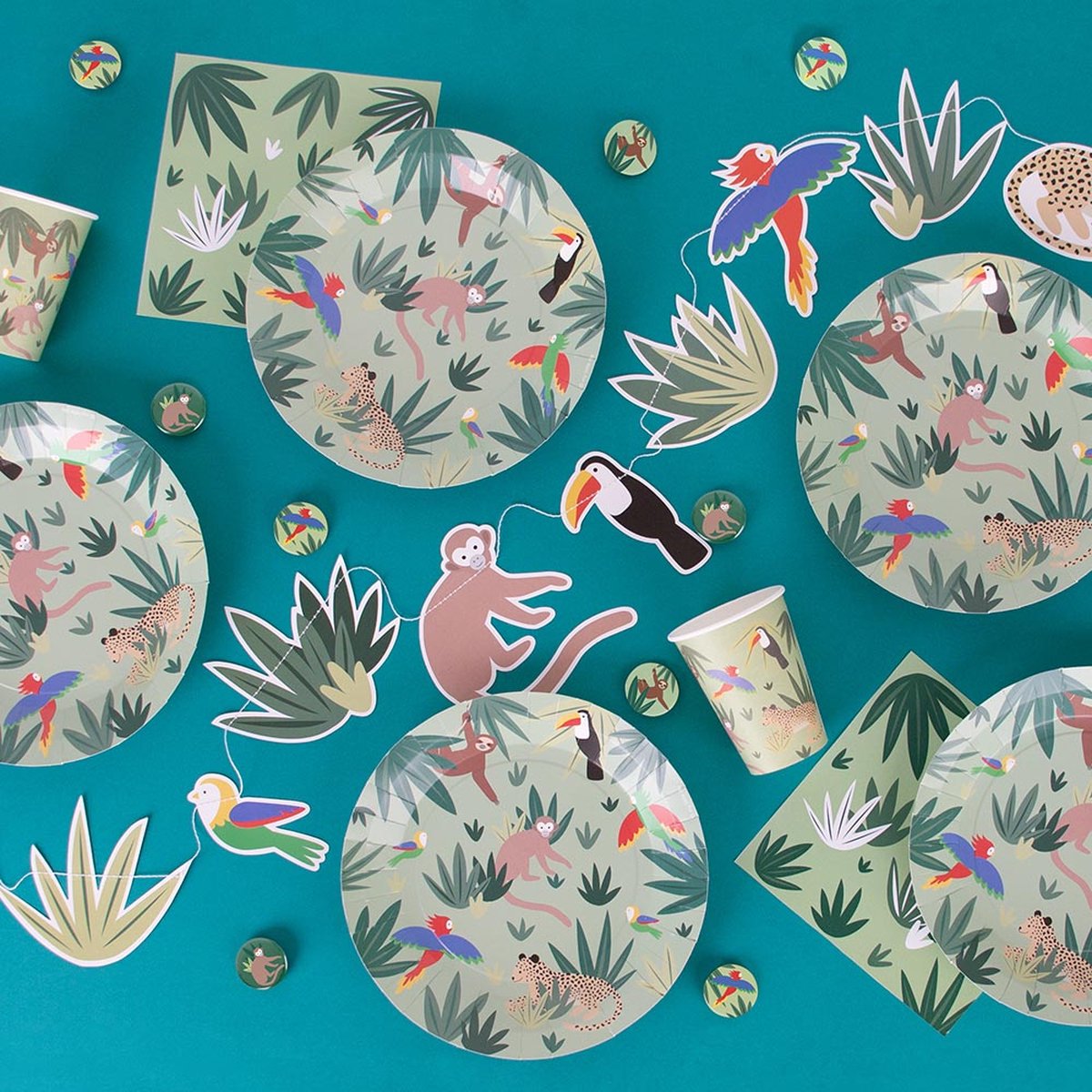 Papieren bordjes tropical - 8 stuks - jungle - themafeest - kinderfeest - aap - papegaai