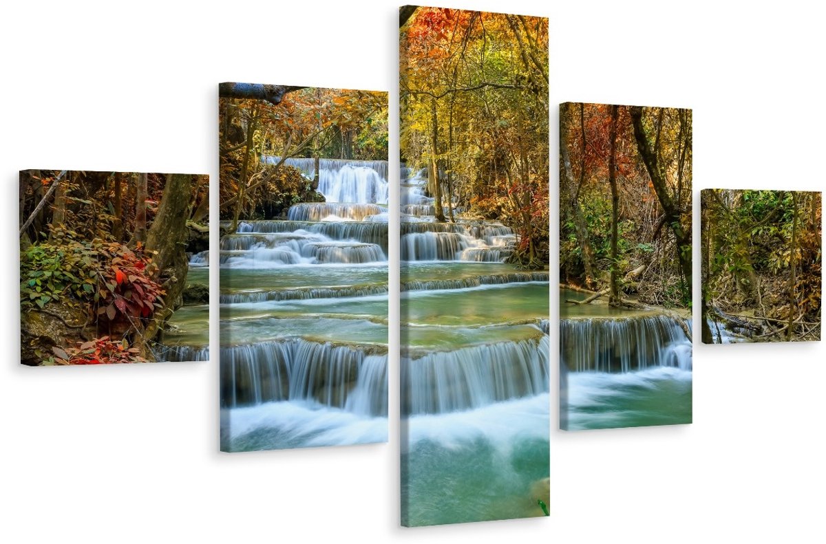 karo-art Schilderij - Prachtige waterval in het herfst bos, aanrader van het Karo-art team, 5 luik, premium print Multikleur