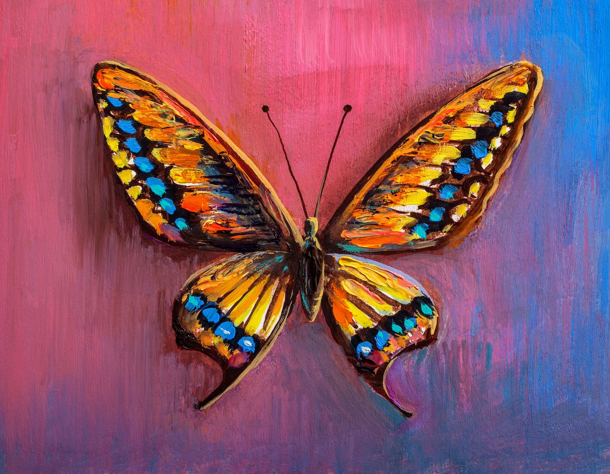 karo-art Schilderij - Vlinder in kleuren (op canvas geprint olieverf schilderij) , 3 maten, Multikleur , Wanddecoratie, voor slaap- en woonkamer