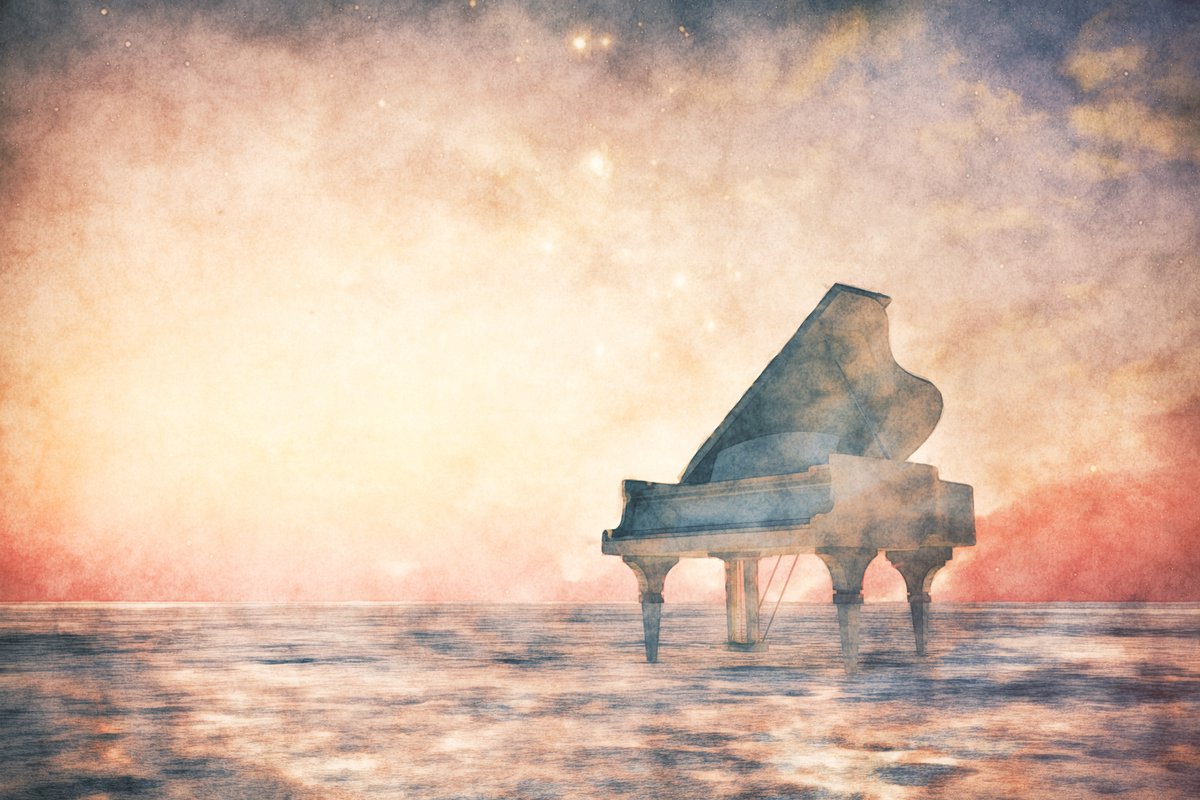 karo-art Schilderij - Piano, vleugel in een fantasie landschap, multikleur , 2 maten , Wanddecoratie