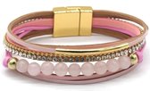 Bracelet Femme - 4 Bandes de Cuir - Perles - 19 cm - Rose
