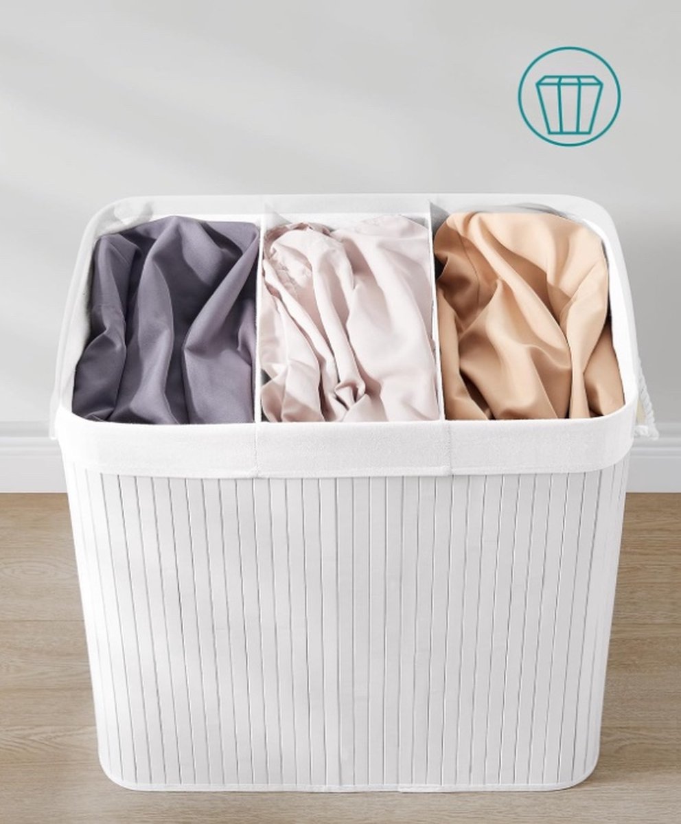 Panier à Linge 3 Compartiments Avec Couvercle – 140 Litres, Pliable, En Bambou Et Tissu – Idéal Pour Trier Le Linge Facilement