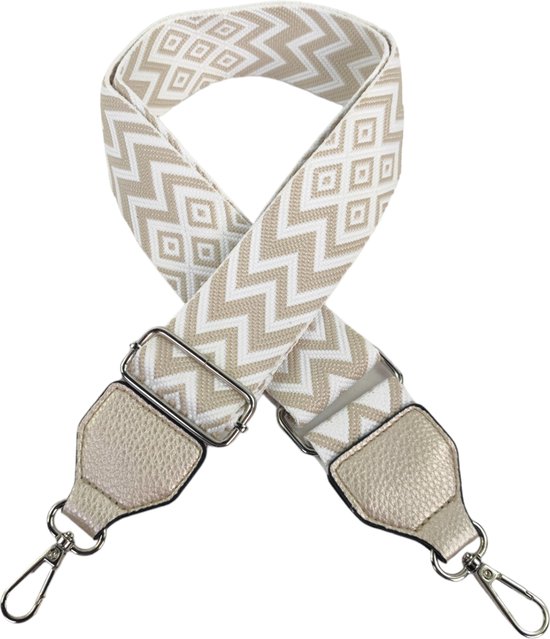 Qischa® Bag strap - Tassenriem - Schouderband - Schouderriem - Tassen Riem - Tas Hengsel - Verstelbare Riem - beige, wit - zilver hardware