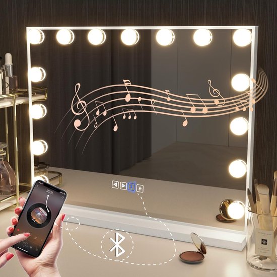 Bluetooth Make-up Spiegel met verlichting 15 LED-lamp Dresse Spiegel Hollywood Spiegel met USB oplaadpoort 3 kleurtemperaturen grote make-upspiegel voor tafelspiegels of wandspiegel [Energieklasse F]