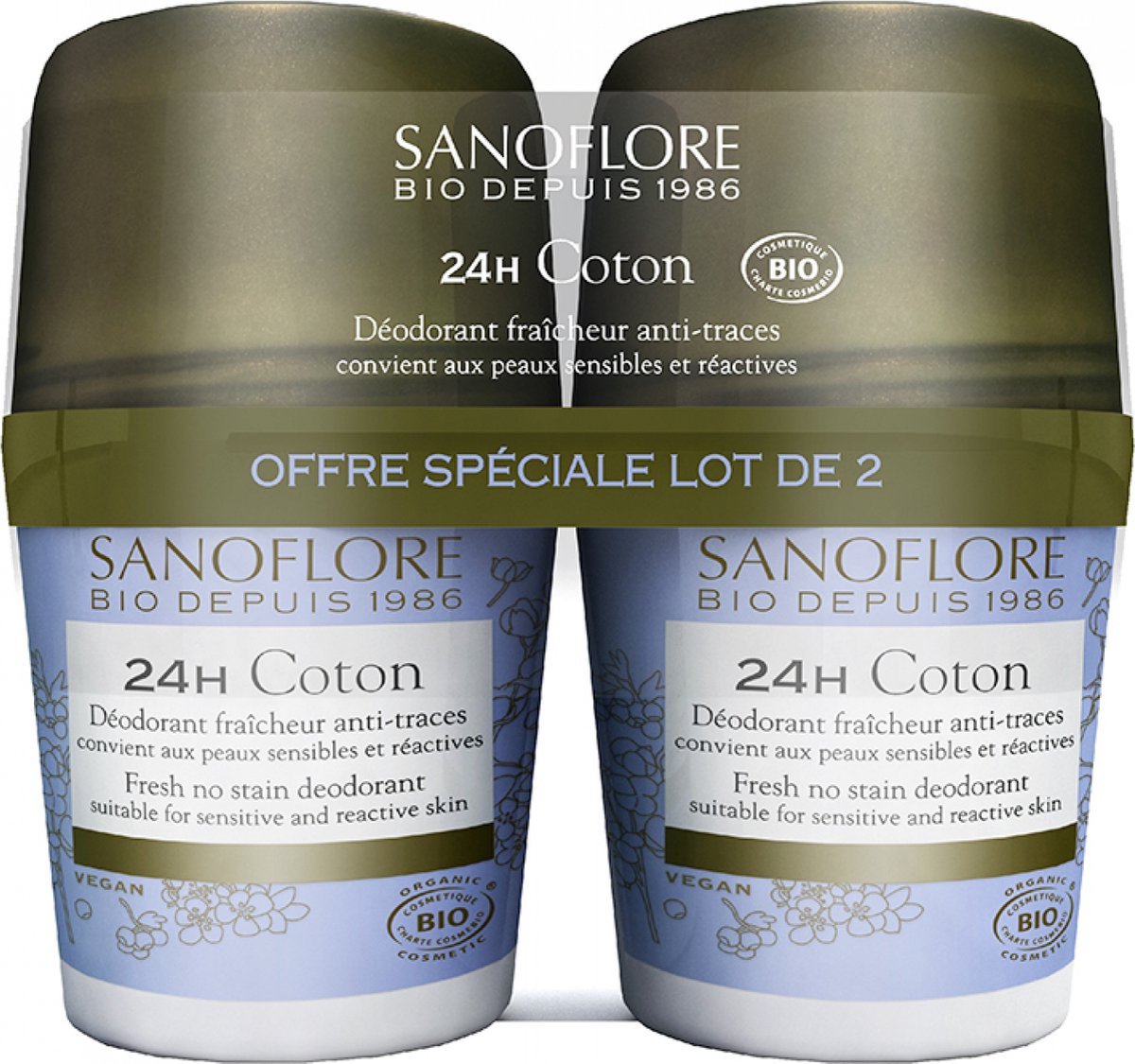 Sanoflore 24H Cotton Anti-Fragrance Organic Roll-On Deodorant Set van 2 x 50 ml