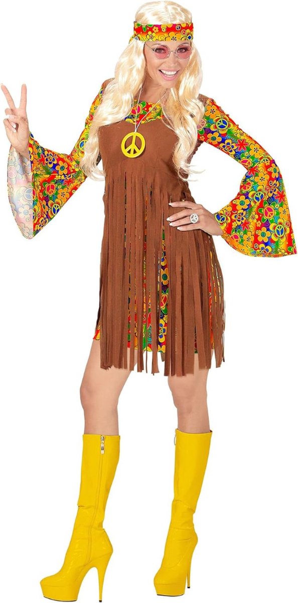 Carnavalskleding Dames - Hippie Girl Kostuum met Jurk, Vest, Hoofdband, Peace-Ketting - Perfect voor Themafeesten, Carnaval en Flower Power Festiviteiten