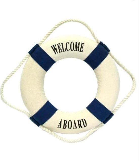 Muurhanger Wanddecoratie Reddingsboei 35cm met tekst welcome aboard