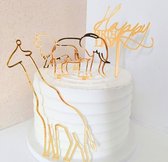 4-delige acryl taart topper set Happy Birthday met giraf, olifant en leeuw, taart - topper - happy birthday - giraf - olifant - leeuw
