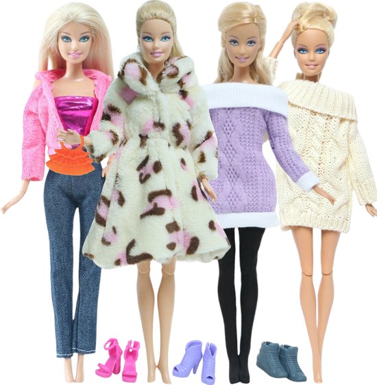 Poppenkleertjes - Geschikt voor Barbie - Set van 4 winter outfits, 3 paar schoenen, 1 handtas - Kledingset voor modepoppen - Cadeauverpakking