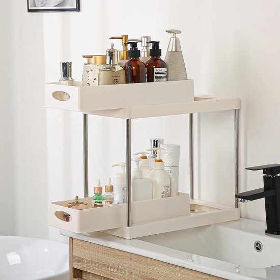 Puricon Uittrekbaar rek onder wastafel, 2 etages, staand rek, keuken, werkblad, rek, organizer, multifunctioneel opbergrek, keukenrek, onderkastrek, spoelkastrek, zwart