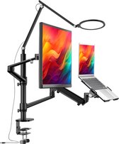 LEVANTU® Monitor arm voor laptop scherm met 7" LED RINGLAMP – Monitorbeugel Gasveer geschikt voor 2 schermen – Monitor Standaard – Laptop Standaard – Verstelbaar– Laptop Arm - Zwart