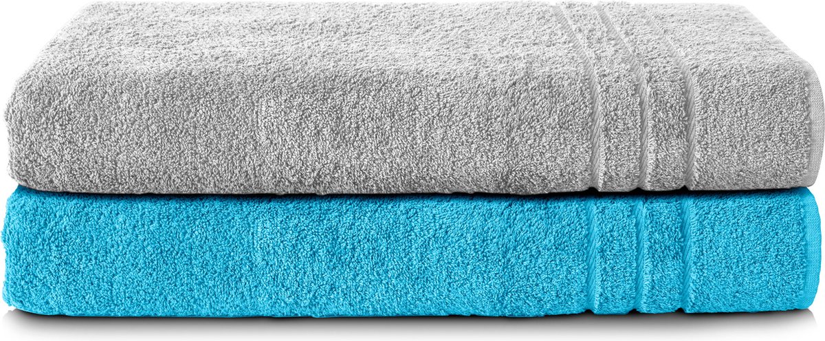 Komfortec Set van 2 Handdoeken 80x200 cm, 100% Katoen, XXL Saunahanddoeken, Saunahanddoek Zacht, Grote badstof, Sneldrogend, Zilvergrijs&Turquoise.
