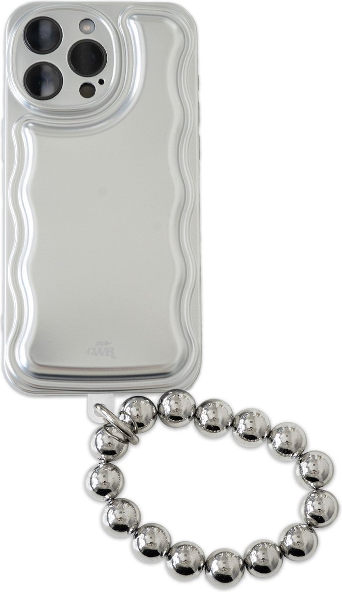 xoxo Wildhearts telefoonhoesje met telefoonkoord geschikt voor iPhone 14 Pro - Wavy case Silver met Silvery beads (easy cord) - Phone cord - iPhone hoesje met koord - telefoonketting - zilver