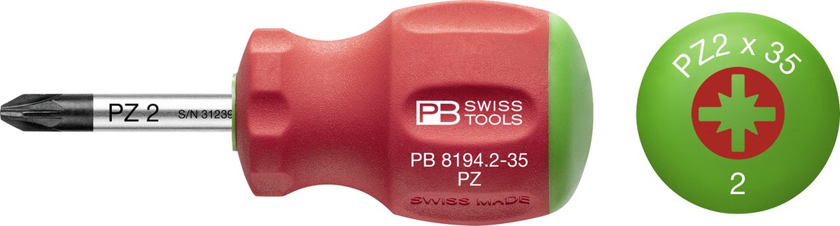 PB Swiss Tools Stubby Schroevendraaier PZ1 x 30mm SwissGrip