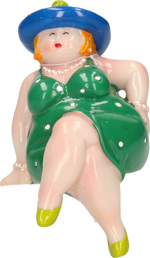 Inware Home decoratie beeldje dikke dame - zittend - jurk groen - 15 cm