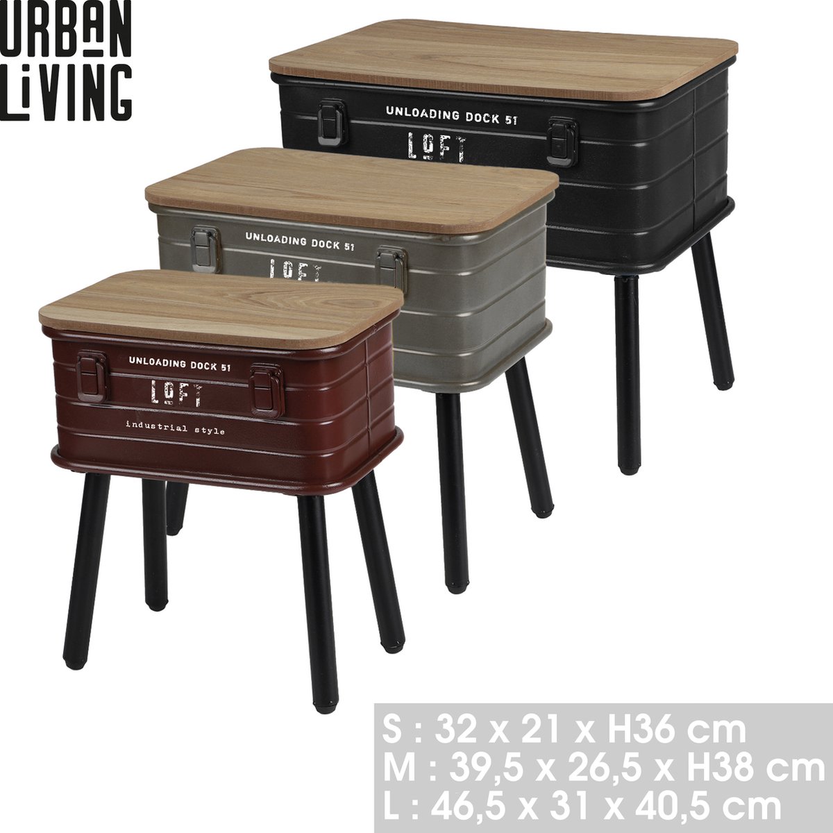 Urban Living "LOFT & METAL" SET VAN 3 METALEN KISTTAFELS MET HOUTEN POTEN EN HOUTEN BLAD black
