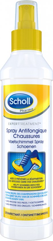 Scholl Voetschimmel Spray Schoenen met gele dop en label met gele en witte opdruk en afbeelding van een schoen.