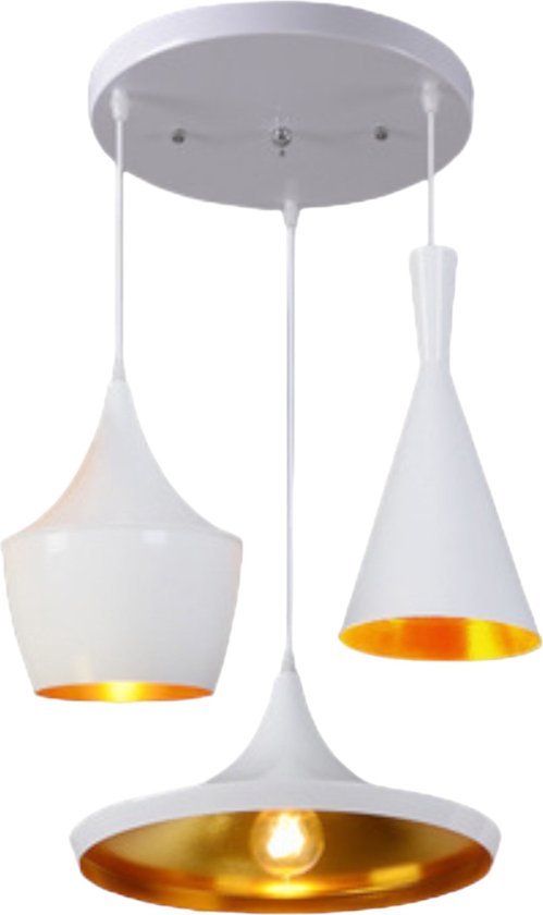 Wit/Goud Retro Hanglamp - Set van 3 Industrieel Plafondlamp van Metaal met Gouden Binnenlaag - Retro Vintage Design voor Eetkamer/Woonkamer - Exclusief Lichtbron