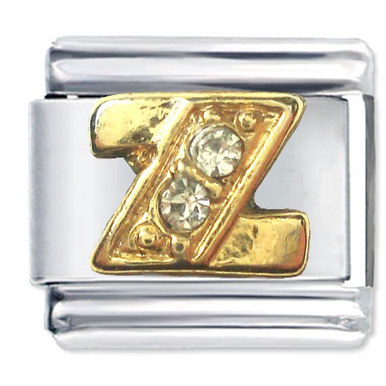 Quiges - Schakel - Bedel - 9mm - charms - Goud - Zirkonia - alfabet - letter Z - Geschikt voor - Nomination- armband - Schakelarmband - italy bedels armband