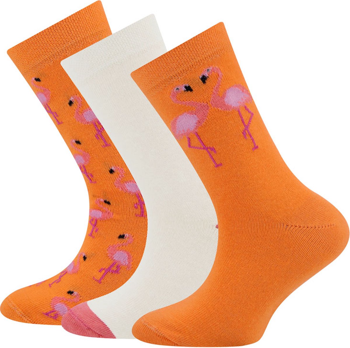 Ewers Kindersokken - 3-Pack - Oranje & Roze Flamingo's - Effen Wit & Roze-27/30