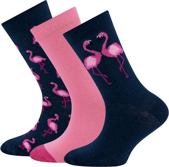 Ewers Sokken - 3-Pack - Donkerblauw & Roze Flamingo's - Effen Roze & Donkerroze-39/42