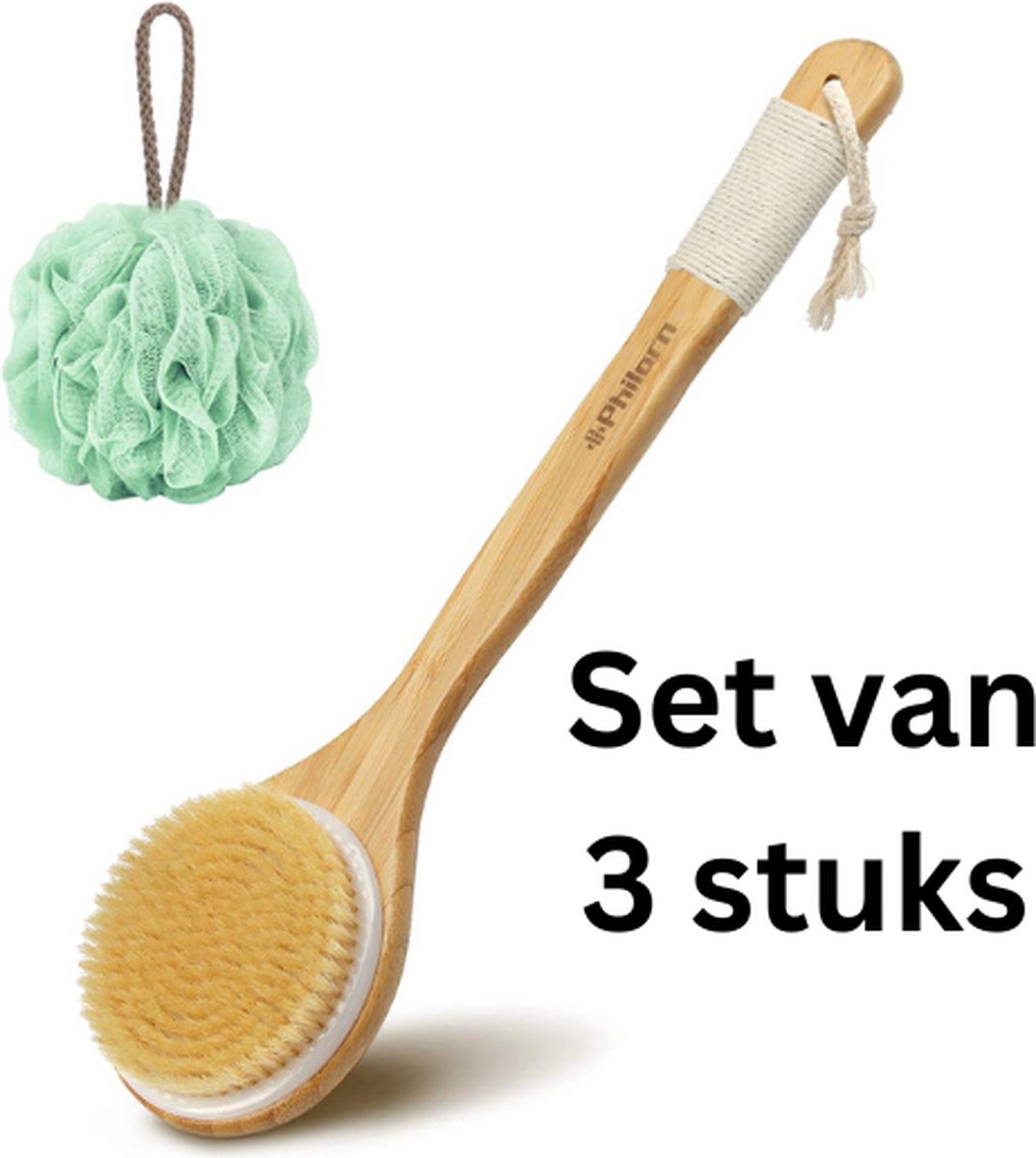PHILORN Houten Badborstel inclusief spons Rug schrubber Douchborstel met steel Body Brush Borstel voor de douch Lichaamsborstel Set van 3 stuks Groene spons