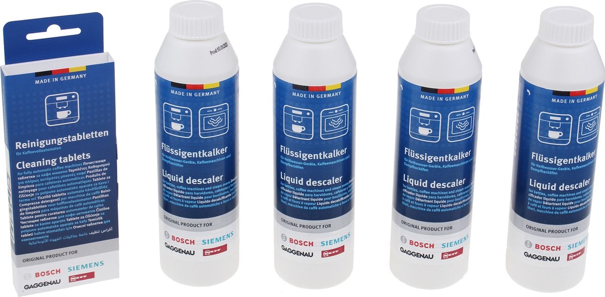 Onderhoudsset voor volautomatische koffiemachines - 4x 250ml vloeibare ontkalker + 10 reinigingstabletten 00312015