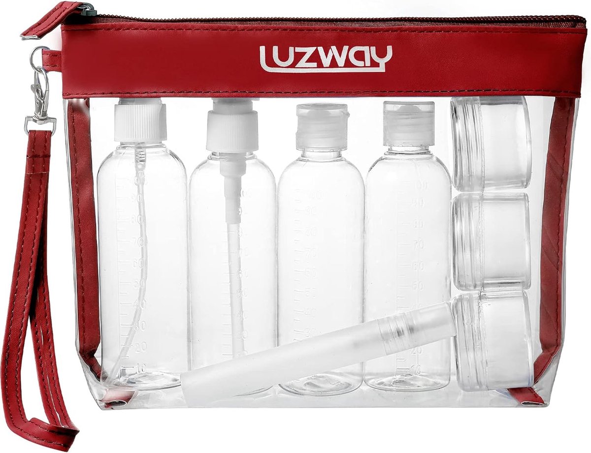 Toilettas, doorzichtig, met 8 reisflessen (max. 100 ml), transparante make-uptas voor vloeistoffen, reisset, handbagage voor vliegtuigen, cosmeticaflessen, handbagage, tas