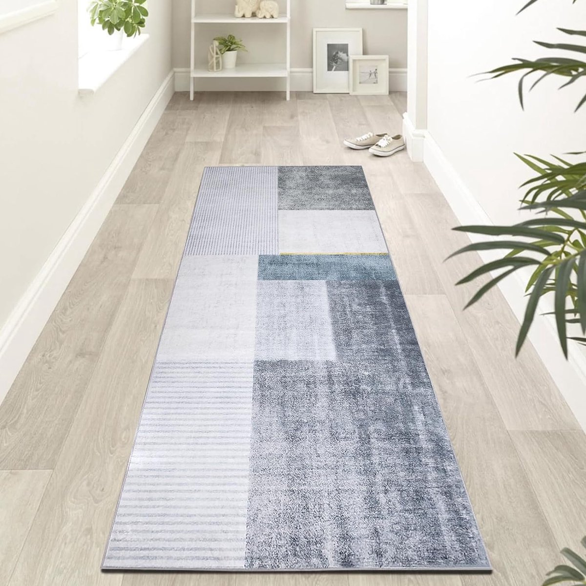 Tapijtloper voor gangen, antislip, wasbare loper, hal, lange zachte keukenloper (grijs/blauw/goud, 60 x 300 cm)