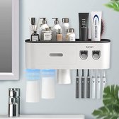 Automatische tandpastadispenser voor wandmontage, tandenborstelhouder voor badkamer en wastafel, met 6 borstelvakken, 3 magnetische bekers, zwart
