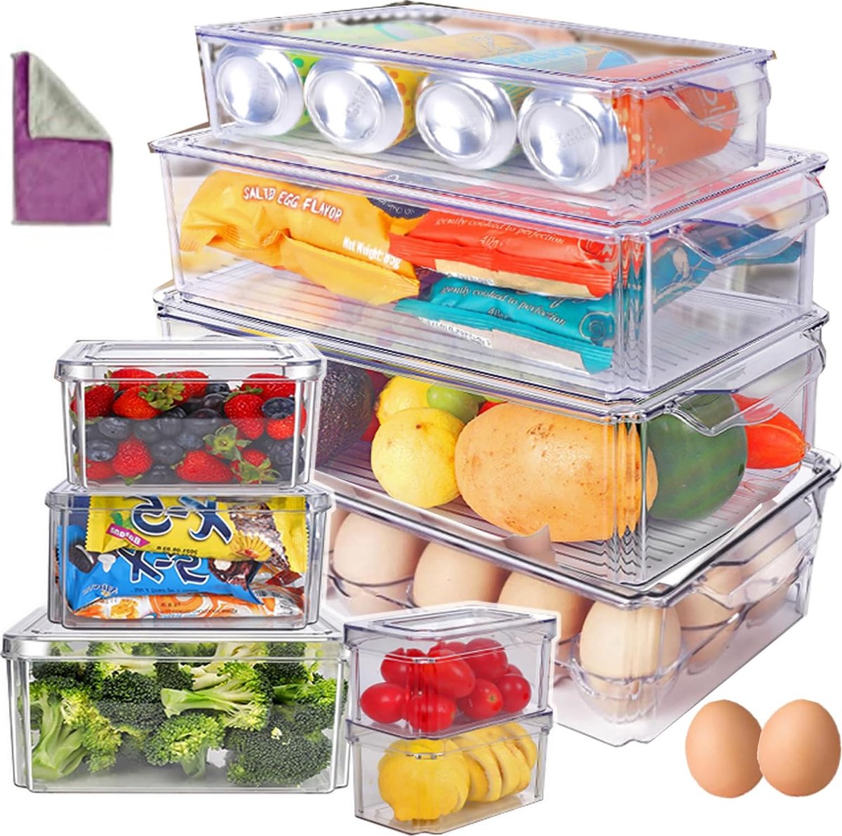 Koelkastorganizer met deksel, 9 stuks, transparante koelkastdoos, BPA-vrije koelkastopbergdozen voor keuken, voorraadkast, kasten en koelkast, schoonmaakdoekje