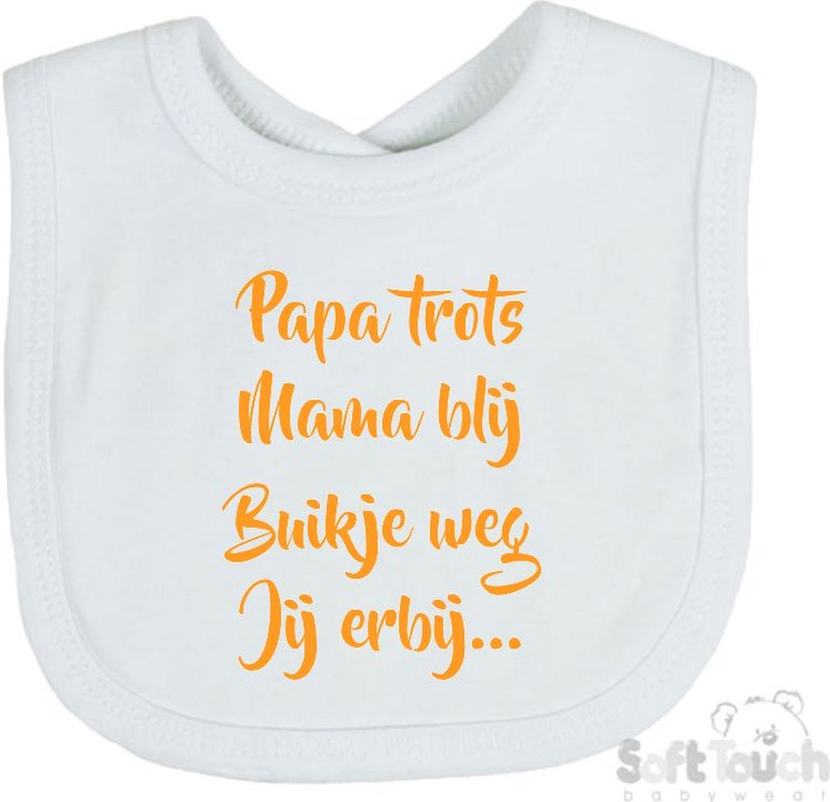 Goedkoopste Soft Touch Slabber Slabbetje Slab Papa trots Mama blij Buikje weg Jij erbij... Unisex Katoen Wit/mosterd Maat 33x22 Cm
