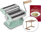 Handmatige pastamachine, roestvrij staal, inclusief receptenboekje, pastadroger en 3 snijopzetstukken voor spaghetti, lasagne, tagliatelle - mint