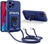 Telefoonhoesje met koord Geschikt voor: Apple iPhone 12 - Pasjeshouder - Camerabeschermer - Magnetische Ringhouder - FuturiQ - Donkerblauw