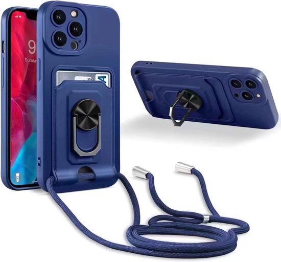 Étui de téléphone avec cordon Adapté pour : Apple iPhone 12 - Porte-cartes - Protecteur d'appareil photo - Support d'anneau magnétique - FuturiQ - Bleu foncé