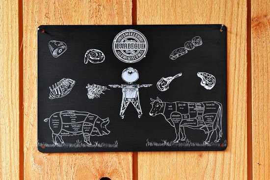 wandbord - varken & koe - low & slow - slager - wand decoratie - bbq - barbeque - technische delen - buitenkeuken - mancave - metal sign - 20x30cm - butcher guide - wandborden voor buiten