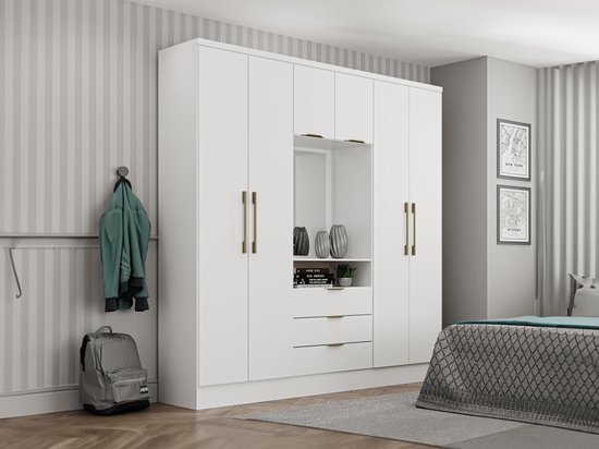 Armoire 6 portes et 3 tiroirs - Avec miroir - L180 cm - Coloris : blanc - ELORIO L 180 cm x H 206 cm x P 46,5 cm