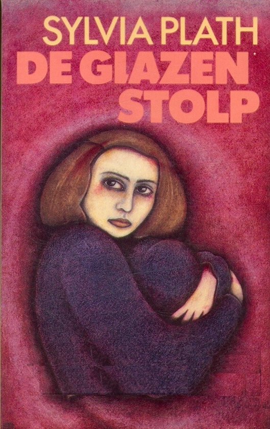 Couverture du livre "De glazen stolp" avec une femme peinte dans un gilet violet, serrant ses bras autour de sa taille.