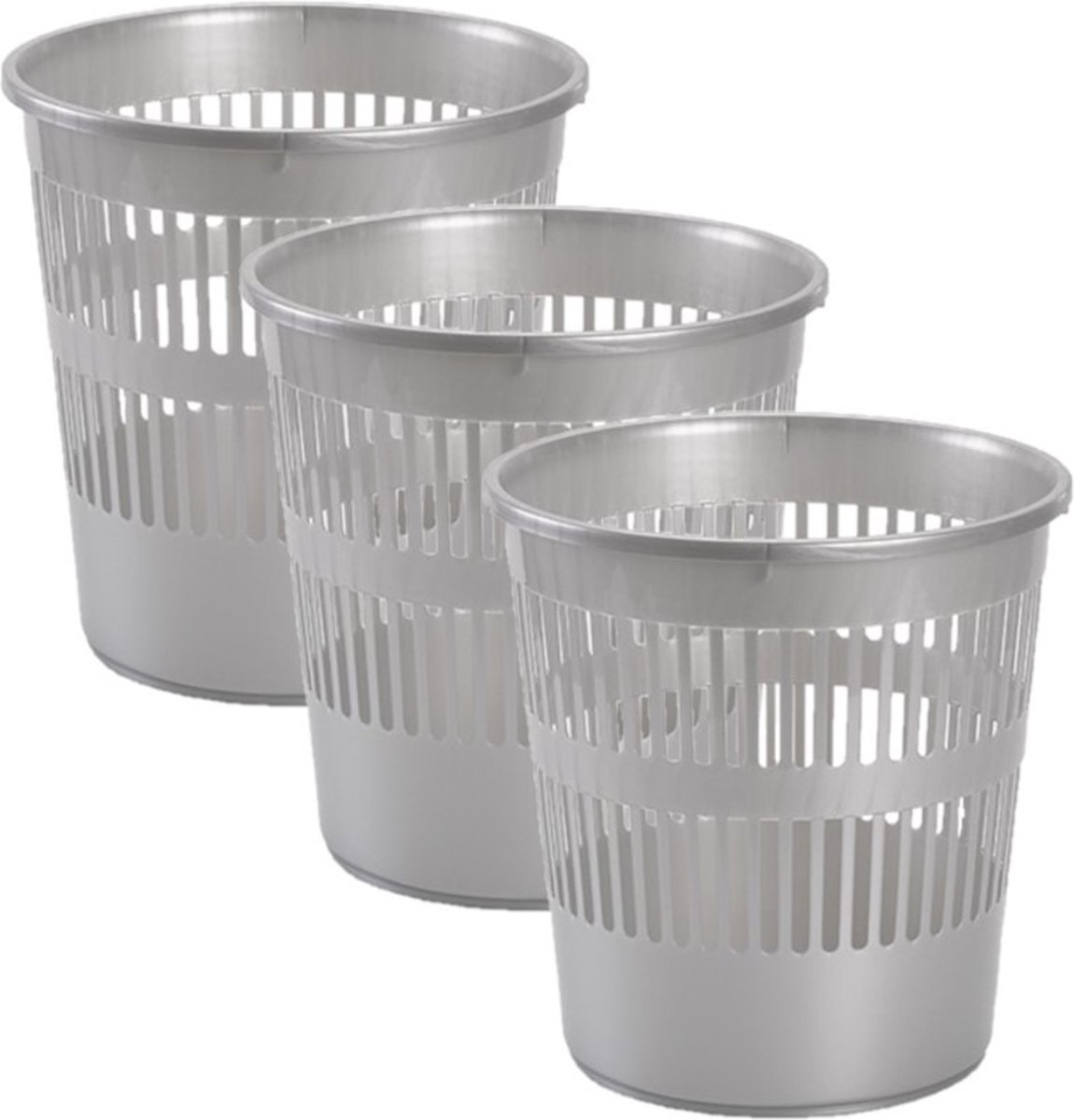 Goedkoopste 3x stuks afvalbakken/vuilnisbakken plastic zilver/grijs 28 cm - Vuilnisbak/prullenbakken/papiermand - Kantoor/keuken/slaapkamer