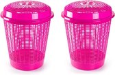 2x stuks ronde wasmanden/opberg mand met deksel 50 liter in het roze - Opbergmanden - kunststof wasmanden