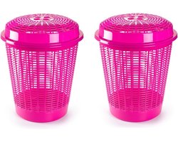 Plasticforte Wasmand met deksel - 2x stuks - 50 liter - roze - rond - D45 x H57 cm - opbergmand