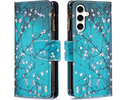 Telefoonhoesje geschikt voor Samsung Galaxy S23 FE - Portemonnee met rits - book-case hoesje - ruimte voor 9 pasjes - Blauw bloemen
