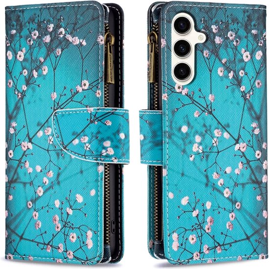Telefoonhoesje geschikt voor Samsung Galaxy S23 FE - Portemonnee met rits - book-case hoesje - ruimte voor 9 pasjes - Blauw bloemen
